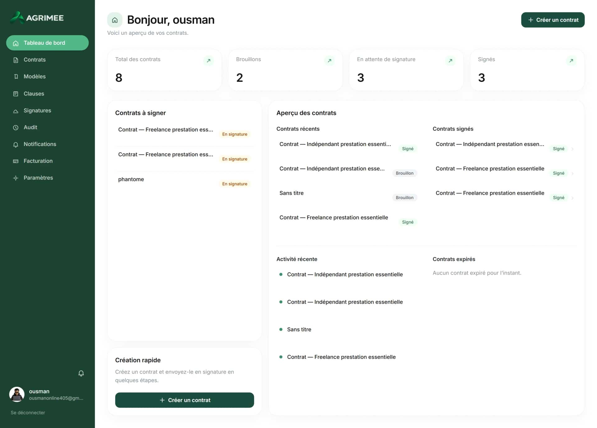 Agrimee dashboard with freelance contracts, signature status, and account activity